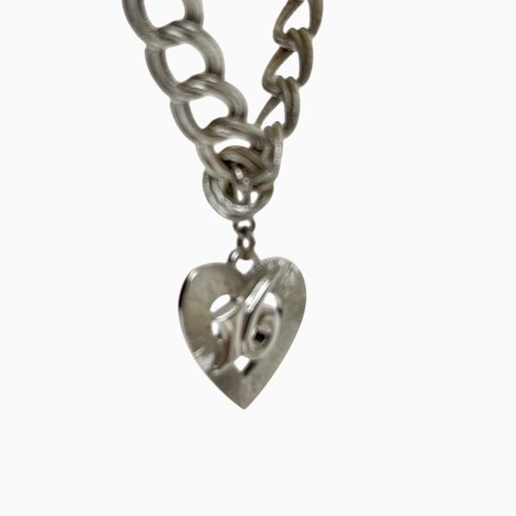 Monet Bracelet Chunky Link Removable Dangling Heart Charm 16 Silver Tone Vintage - Picture 6 of 10